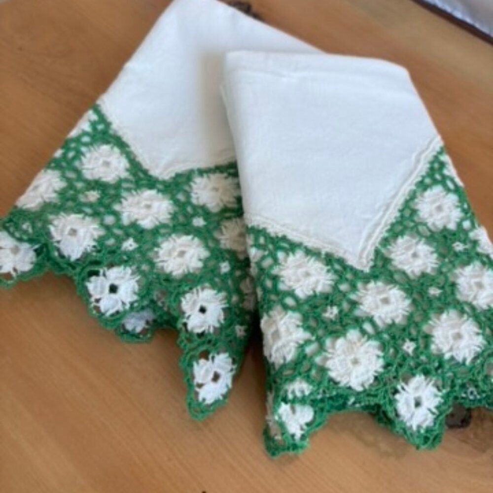 Vintage White-green hand Crochet trim Pure Cotton White PillowCases